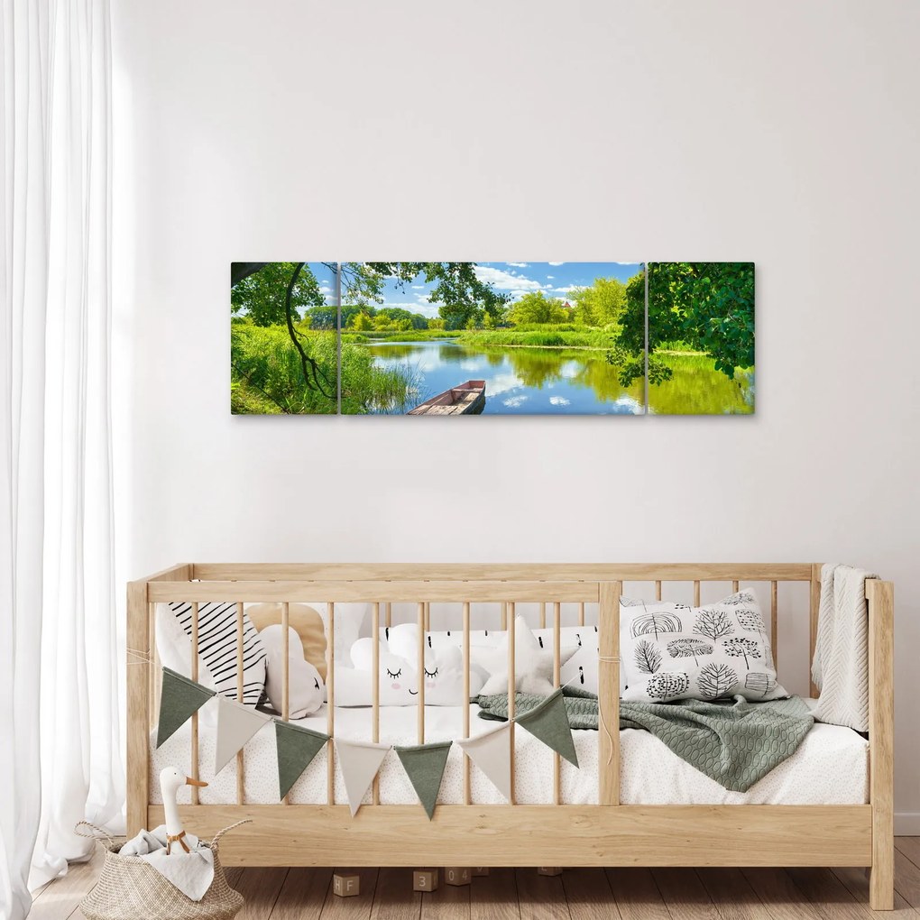 Obraz letniej rzeki z łodzią (170x50 cm)
