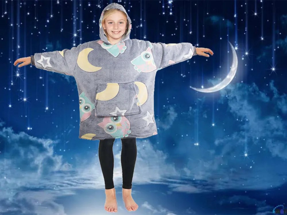 Dziecięca świecąca bluza kocowa z rękawami i kapturem SHINING OWL szara