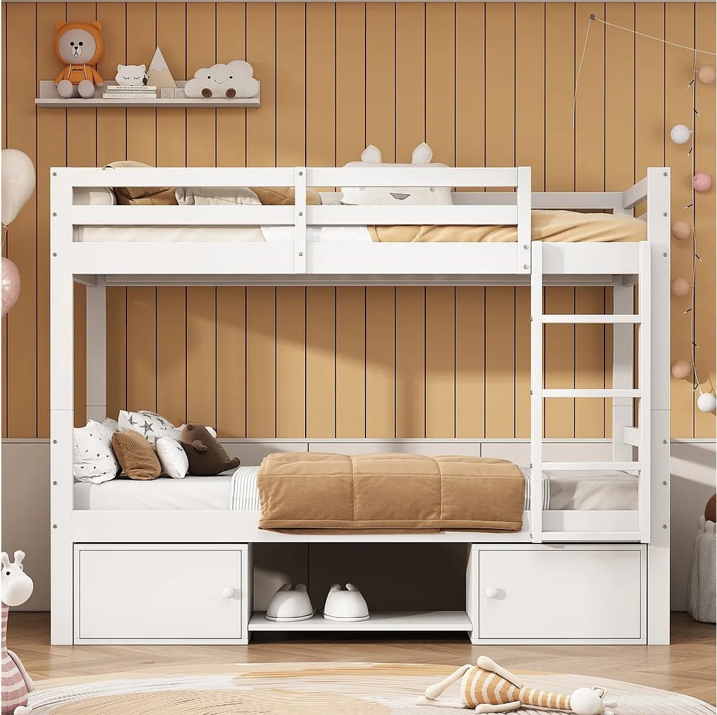 Łóżko piętrowe dla dzieci - 2x90x200 cm - 2 szafki i półki na buty - białe