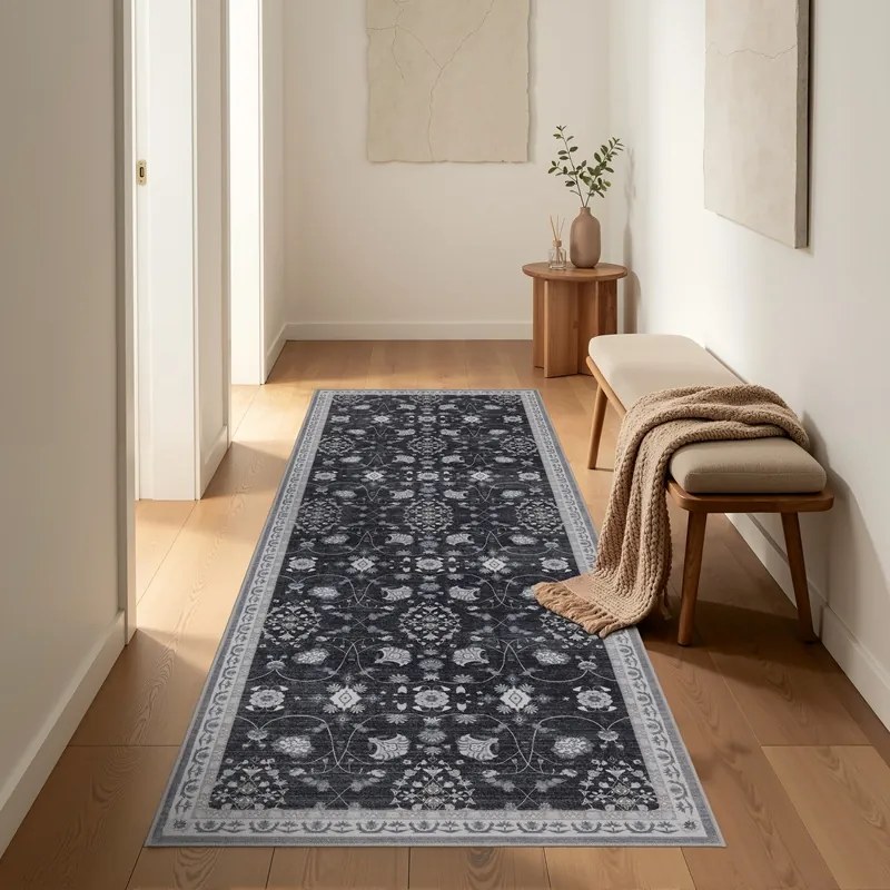 Dywan vintage INKA Floral z Efektem Postarzenia Czarno-Szary 80 cm x 250 cm