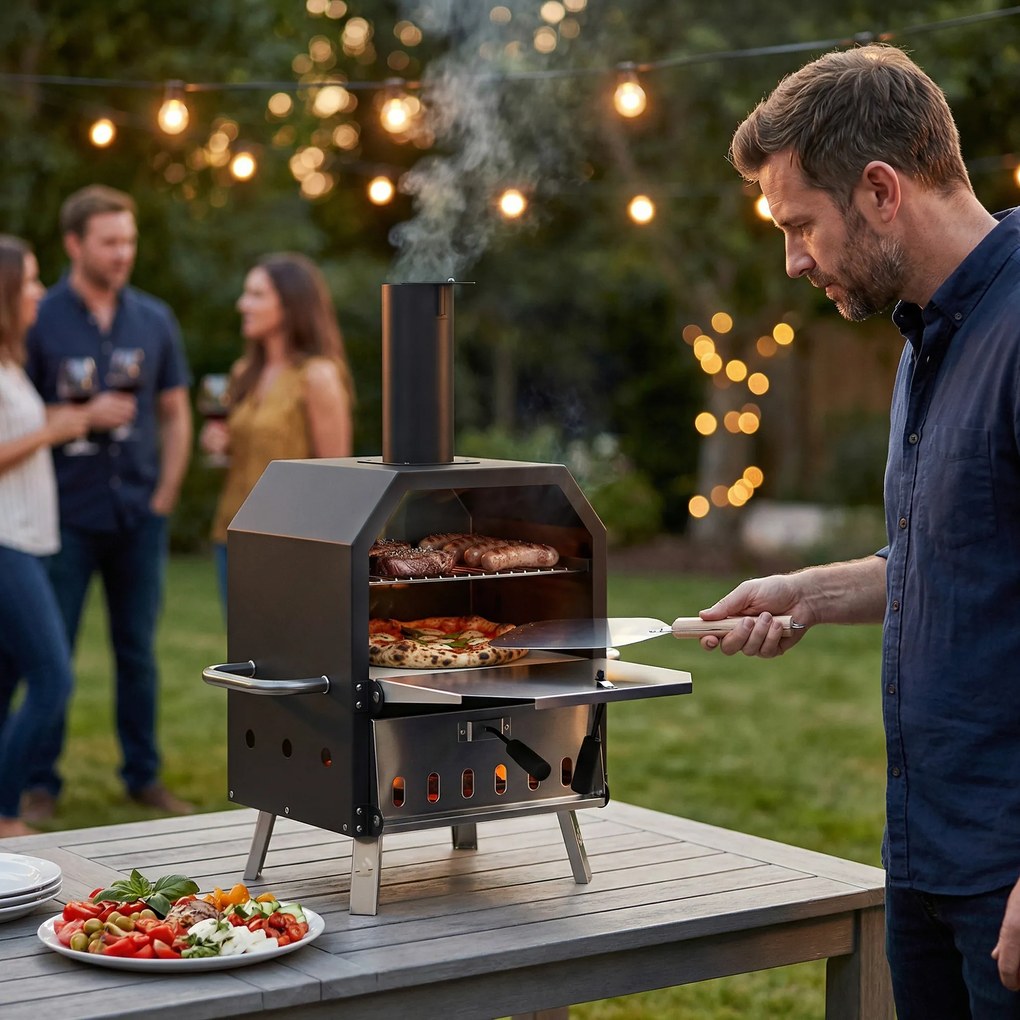 Outsunny Zewnętrzny Piec do Pizzy Opalany Drewnem Stal Nierdzewna 2 Poziomy z Kamieniem do Pizzy 1 cm, Składane Nóżki | Aosom PL