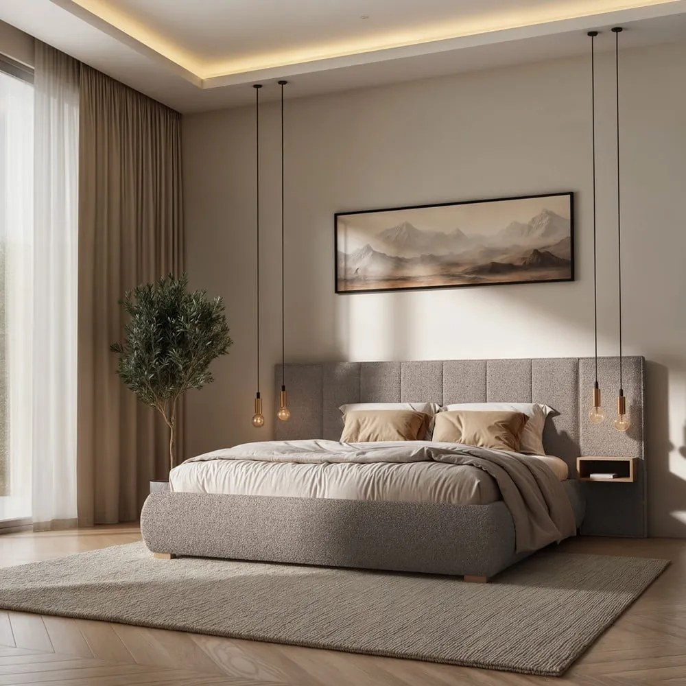 Jasnobrązowe tapicerowane łóżko dwuosobowe ze stelażem 140x200 cm Fioro – MESONICA