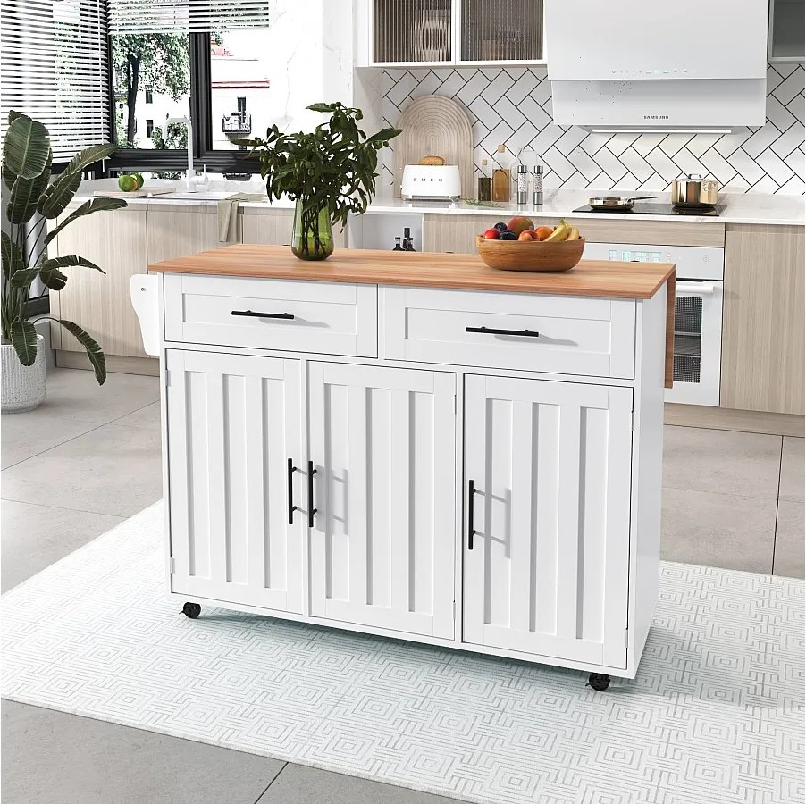 Biały wózek kuchenny - wyspa centralna z 2 drzwiami i 2 szufladami - wieszak na ręczniki i 5 kółek - składany blat
