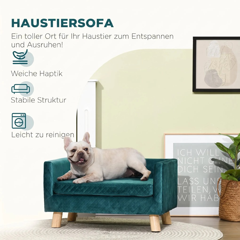PawHut Sofa dla psa łóżko dla psa kanapa z weluru z oparciem, nogi drewniane, poduszka, do 8 kg 64 x 45 x 36 cm Niebieski | Aosom PL