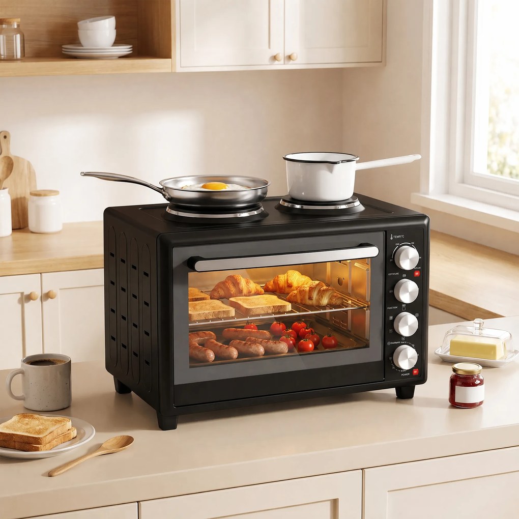 HOMCOM 36 l mini piekarnik z 2 płytami grzewczymi, elektryczny piekarnik stołowy z termoobiegiem, 90–230 °C | Aosom PL