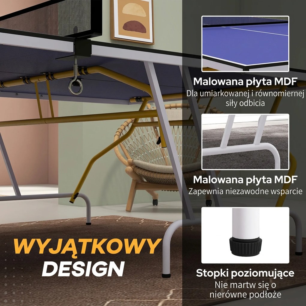 SPORTNOW Stół tenisowy składany z akcesoriami rakietki piłki siatka niebieski 274x152x76 cm | Aosom PL