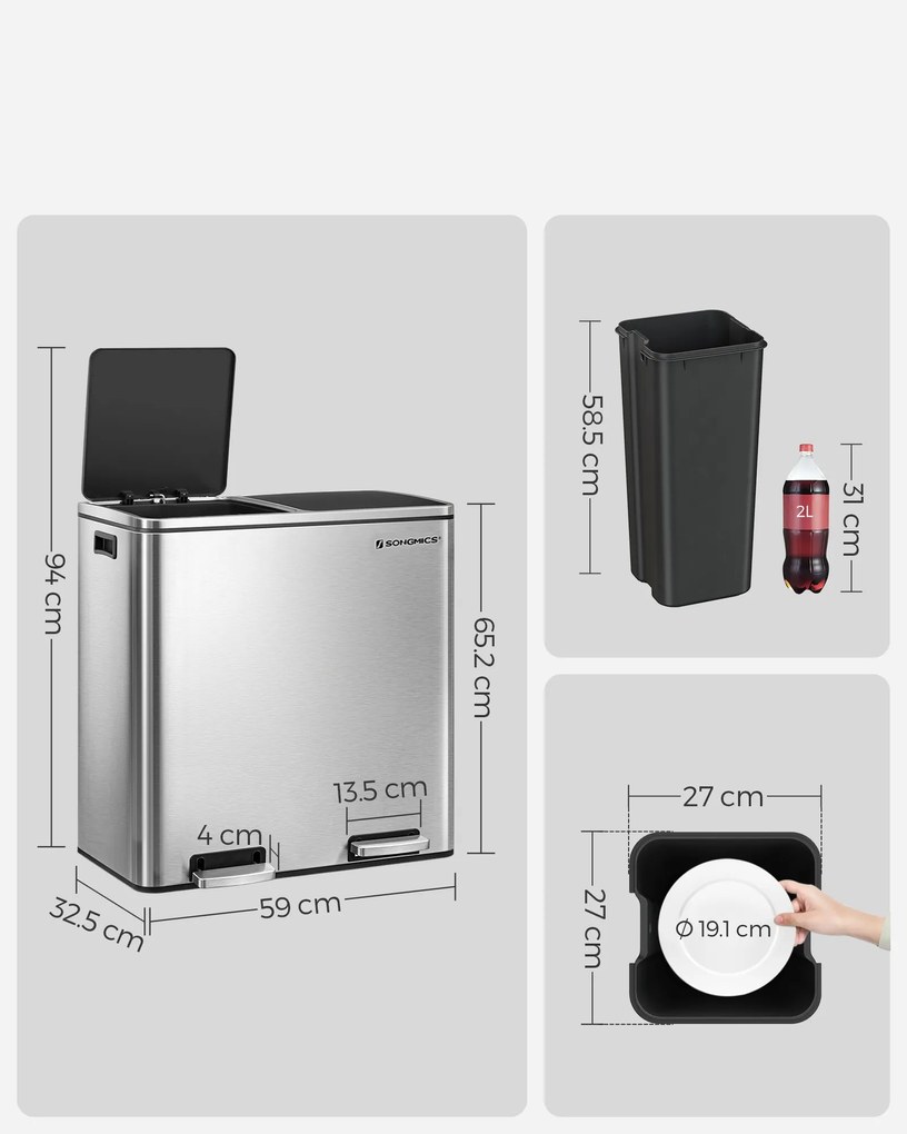 Kosz do segregacji odpadów SORT, 2x30 l + worki na śmieci, srebrno/czarny Vasagle