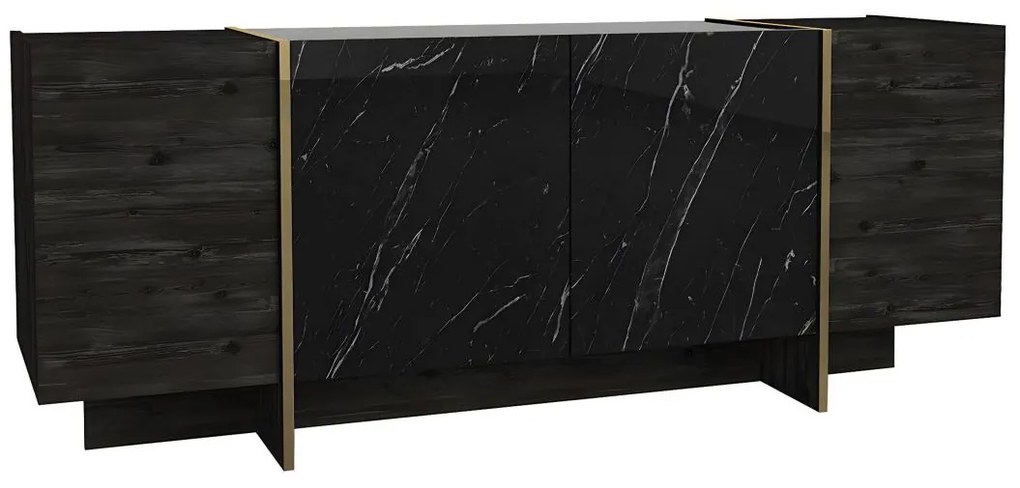 Komoda - 4-drzwiowa – efekt czarnego marmuru, ciemny naturalny i złoty – CADEBA