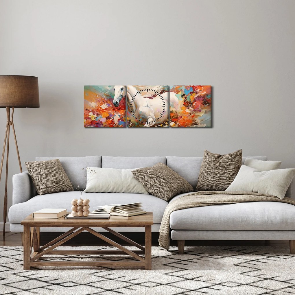Obraz - Malowanie konia (z zegarem) (90x30 cm)