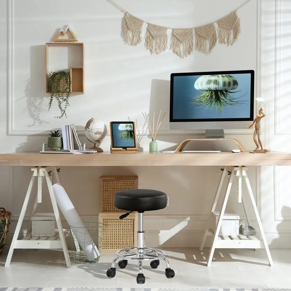 Taboretka na kółkach OXANA z podnóżkiem, Ø35cm, czarna Casaria