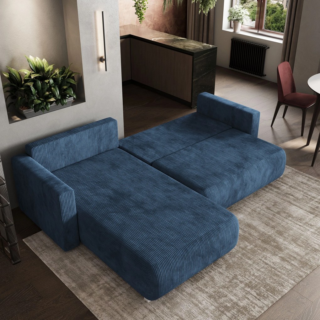 Masseno Narożnik TURIN z funkcją spania i pojemnikiem na pościel Narozniki L, Rozkładana sofa - Niebieski, POSO 05