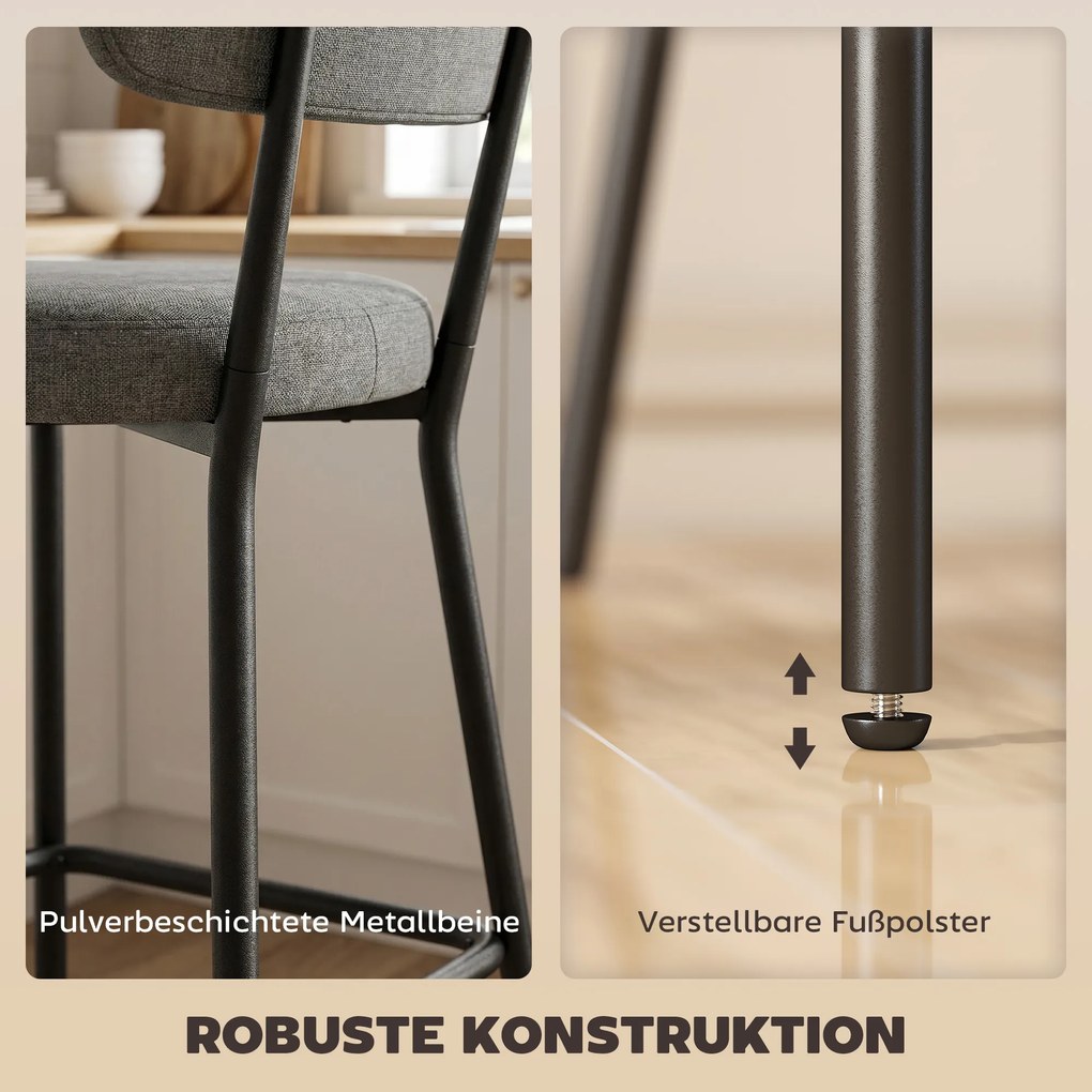 HOMCOM Hokery w zestawie 2, tapicerowane stołki barowe z wyprofilowanym oparciem, do wyspy kuchennej, strefy śniadaniowej, Szary | Aosom PL