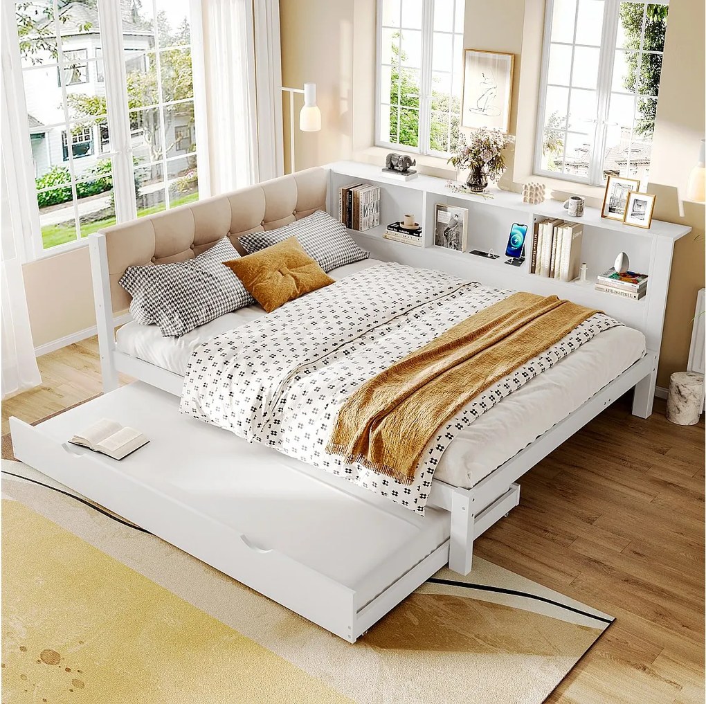 Łóżko dzienne 140x200 cm z łóżkiem wysuwanym, oświetleniem LED i portem USB – białe (bez materaca)