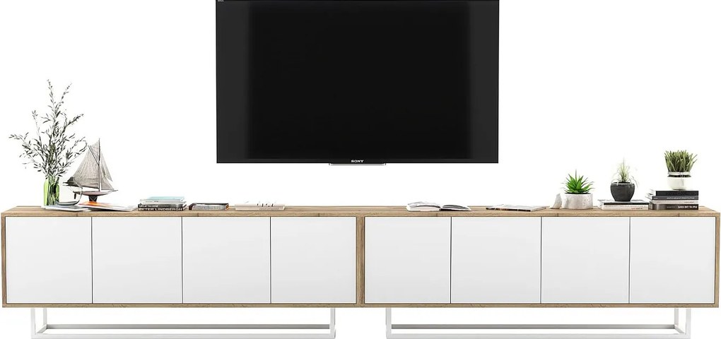 Szafka RTV z 8 drzwiami - korpus dąb wotan, fronty biały mat - 300 cm, metalowy stelaż