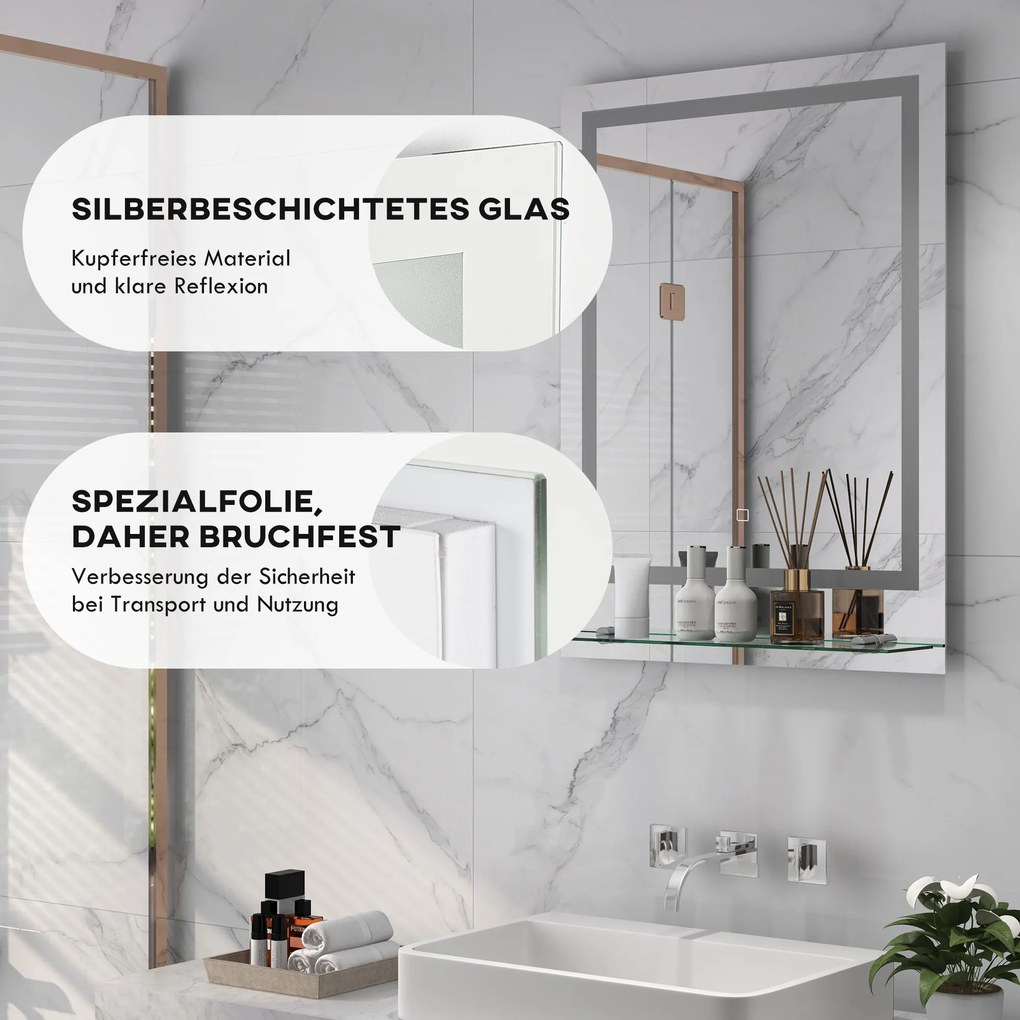 kleankin Lustro łazienkowe z oświetleniem LED, 3 kolory światła, funkcja anty-parowanie, zasilane kablem, 70 x 50 cm