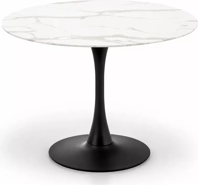 Stół Ambros 90 cm elegancki okrągły stół z marmurowym szklanym blatem i czarną stalową nogą do małego salonu