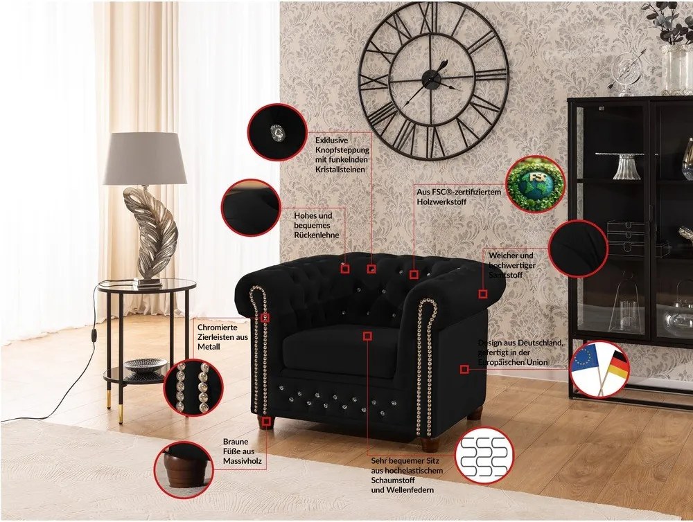 Czarny aksamitny fotel typu chesterfield York Blik – Ropez