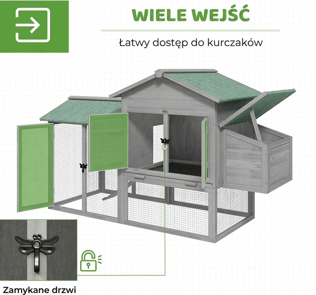 PawHut drewniany kurnik z wybiegiem i gniazdem duży domek dla kur z rampą i szufladą dla 2 4 kur szary | Aosom PL
