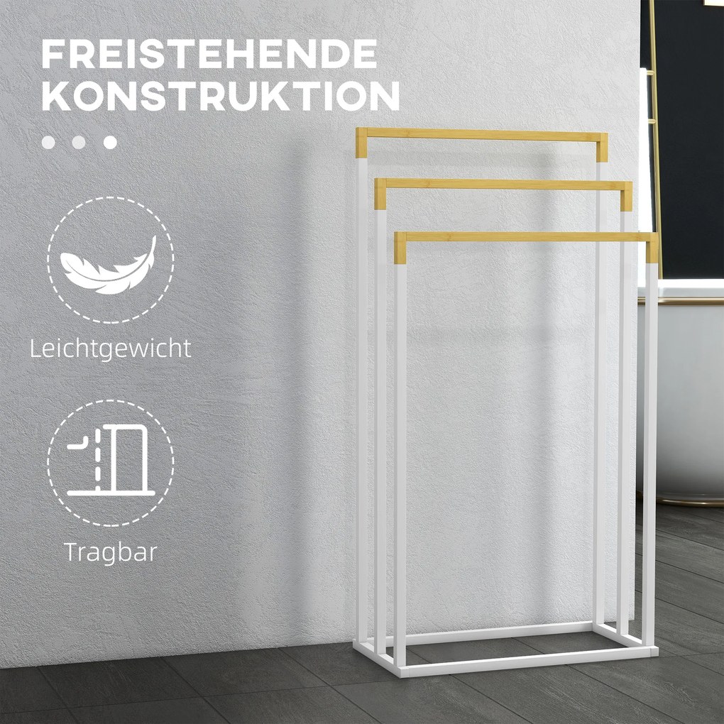 kleankin Zestaw Stojaków na Ręczniki 3 Drążki, Design Przemysłowy, Bambus, 45 x 22,5 x 86 cm, Biały + Natur