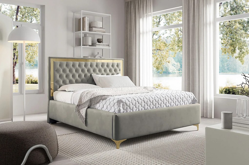 Szare łóżko tapicerowane z pikowanym zagłówkiem N5-G94