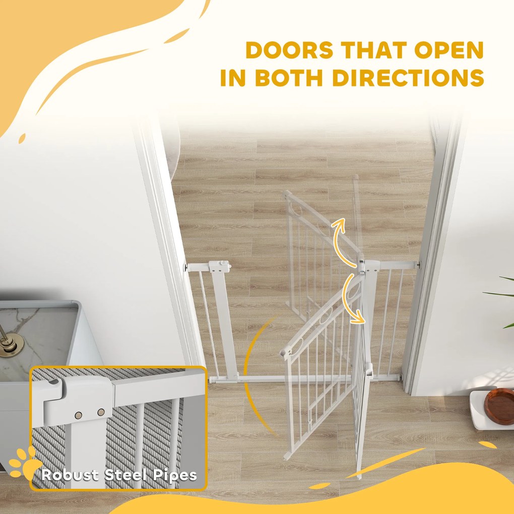 PawHut 106 cm Wysoka Bramka dla Zwierząt z Regulacją Szerokości, Wbudowane Drzwiczki dla Kota, dla Schodów i Drzwi, Biała