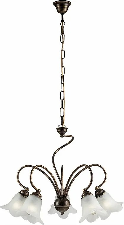 Alice żyrandol lakierowane brązowe żelazo, złote zdobienia, klosze alabastrowe, 5 lamp, Ø57 cm