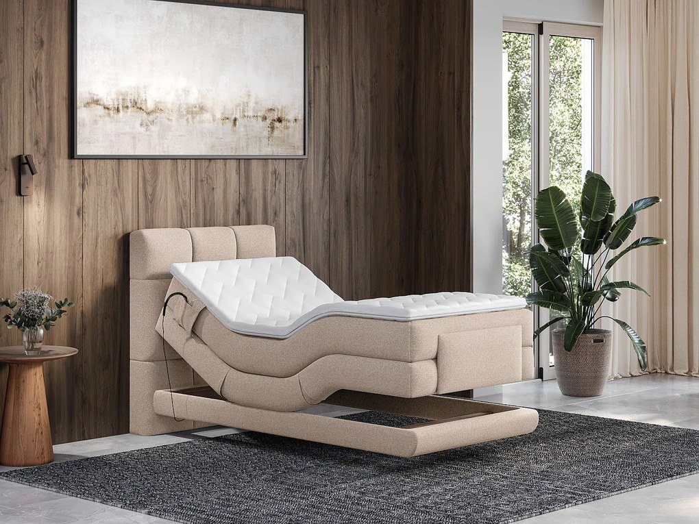 Zestaw łóżko kontynentalne z pikowanym zagłówkiem + stelaż elektryczny relaksacyjny + materac + nakładka na materac - 100 x 200 cm - Tkanina - Beżowy - LODI marki PALACIO