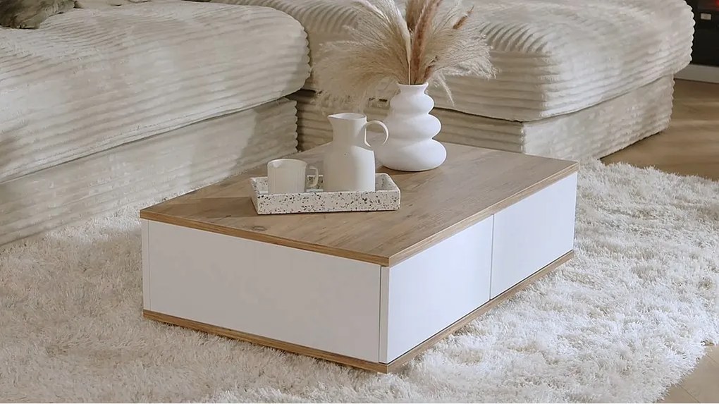Stolik kawowy z 2 drzwiczkami - Jasny naturalny i biały - LOTULA