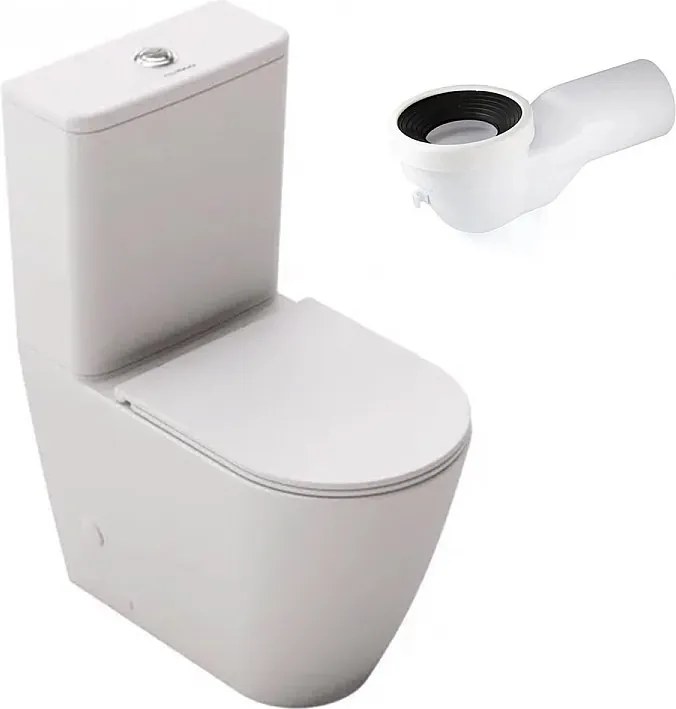 Miska WC stojąca okrągła | Biały Mat | WC kompaktowe z dolnopłukiem i cienką deską, kolano w zestawie