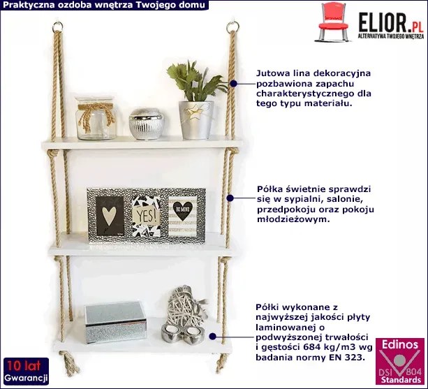 Biała półka ścienna na linach - Toller 3X