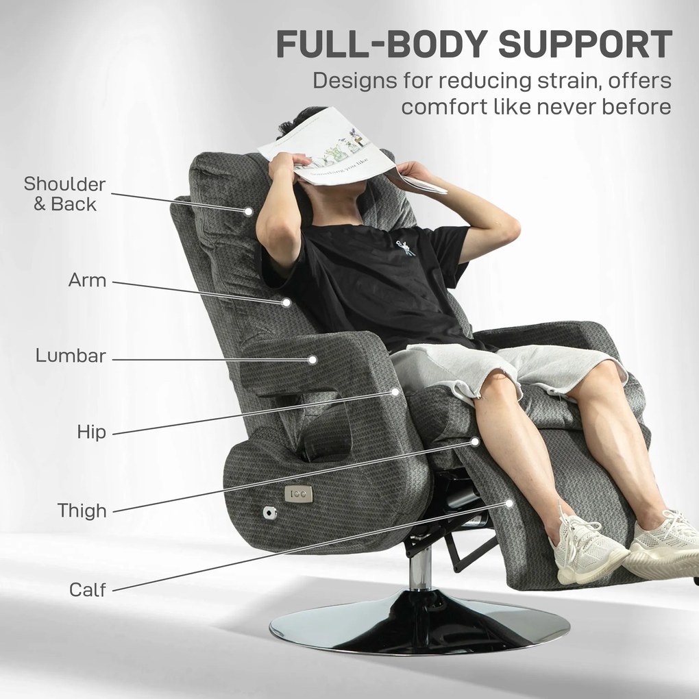 HOMCOM Fotel Relax z Elektryczną Regulacją, USB i Podnóżkiem, Wykończenie Aksamitne, Obrotowy, Regulowany, Szary