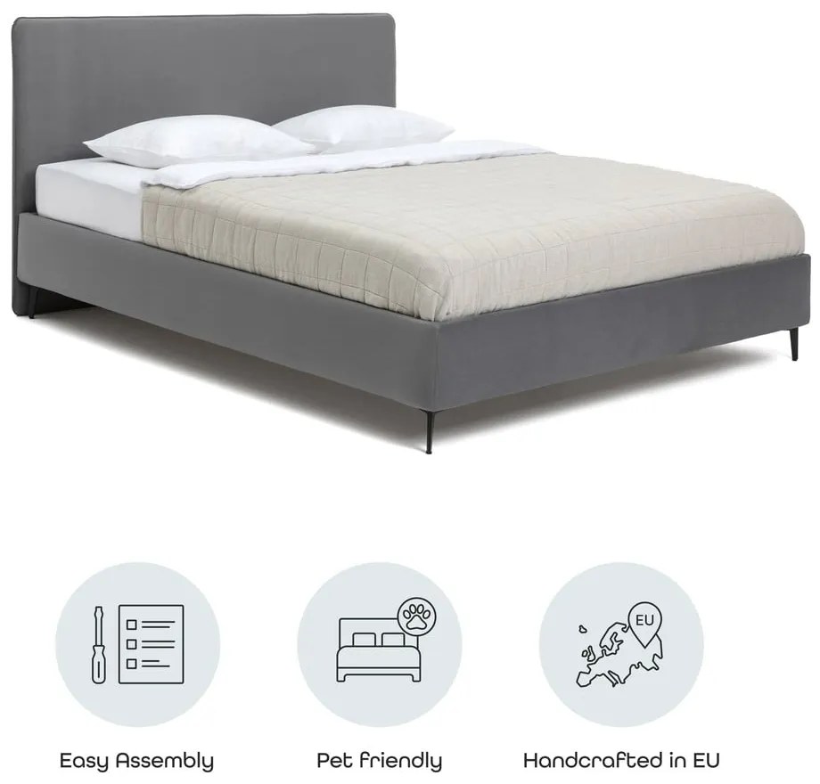 Szare tapicerowane łóżko dwuosobowe ze stelażem 160x200 cm Noira Slim – Bonami Selection