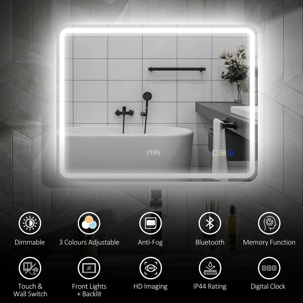 HOMCOM lustro łazienkowe LED z funkcją przeciwmgielną nowoczesne lustro z zegarem i trzema kolorami światła 700x900 mm srebrne | Aosom PL