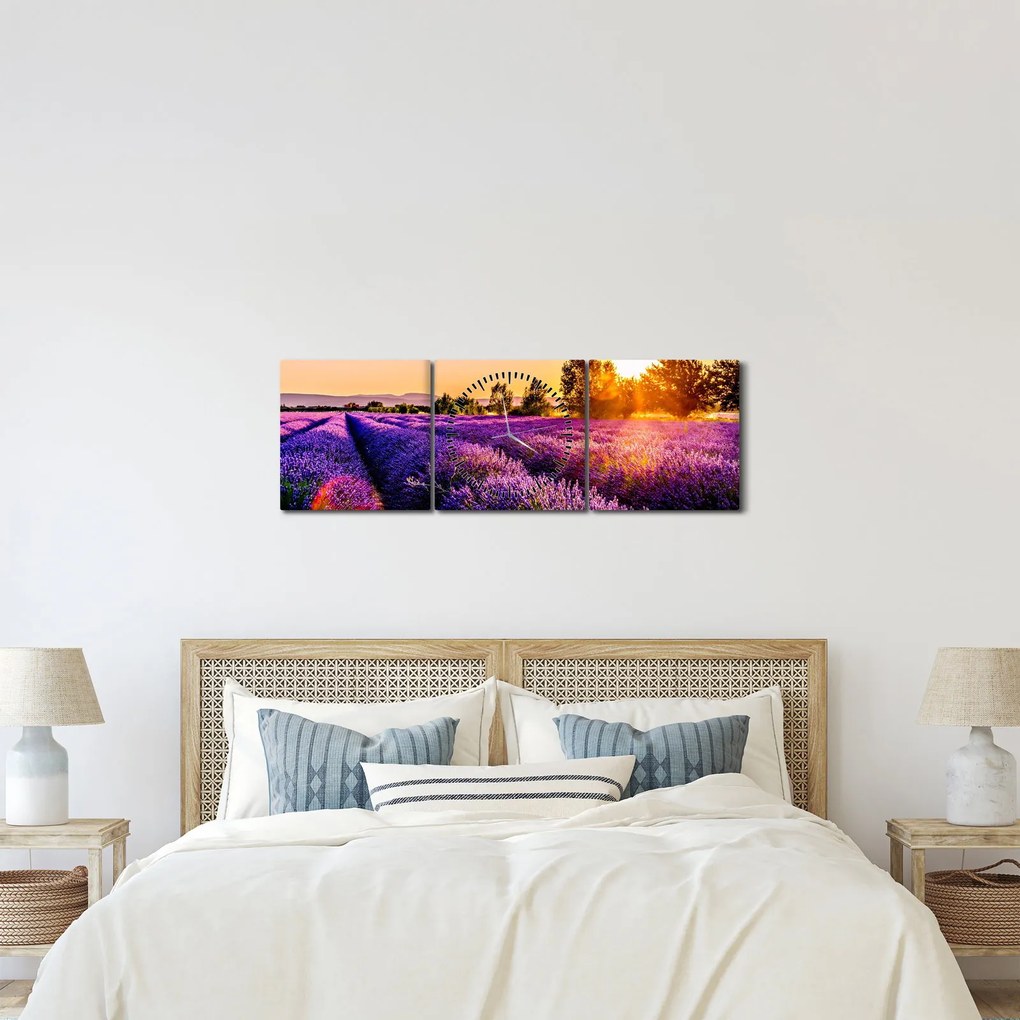 Obraz lawendowego pola (z zegarem) (90x30 cm)
