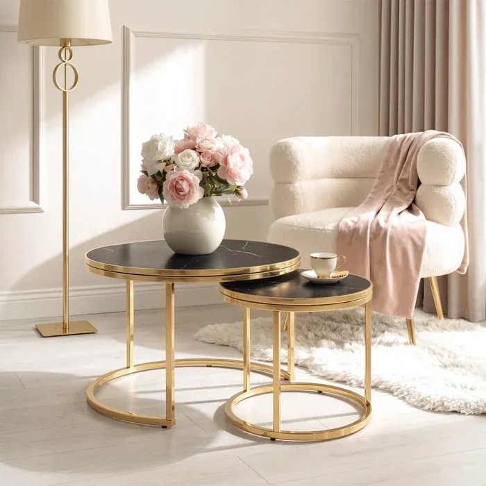 Zestaw Stolików Kawowych ARON 70 cm/50 cm Czarny Marmur/Złoty Glamour