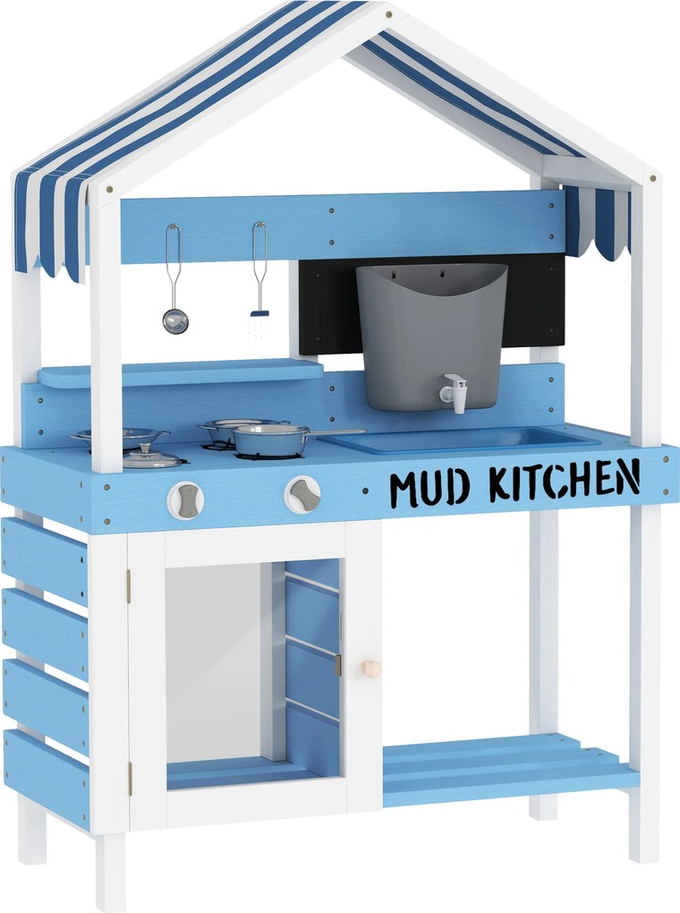 AIYAPLAY Zewnętrzna Kuchnia dla Dzieci z Zadaszeniem, Zestawem Naczyń, Drewno, Niebieski