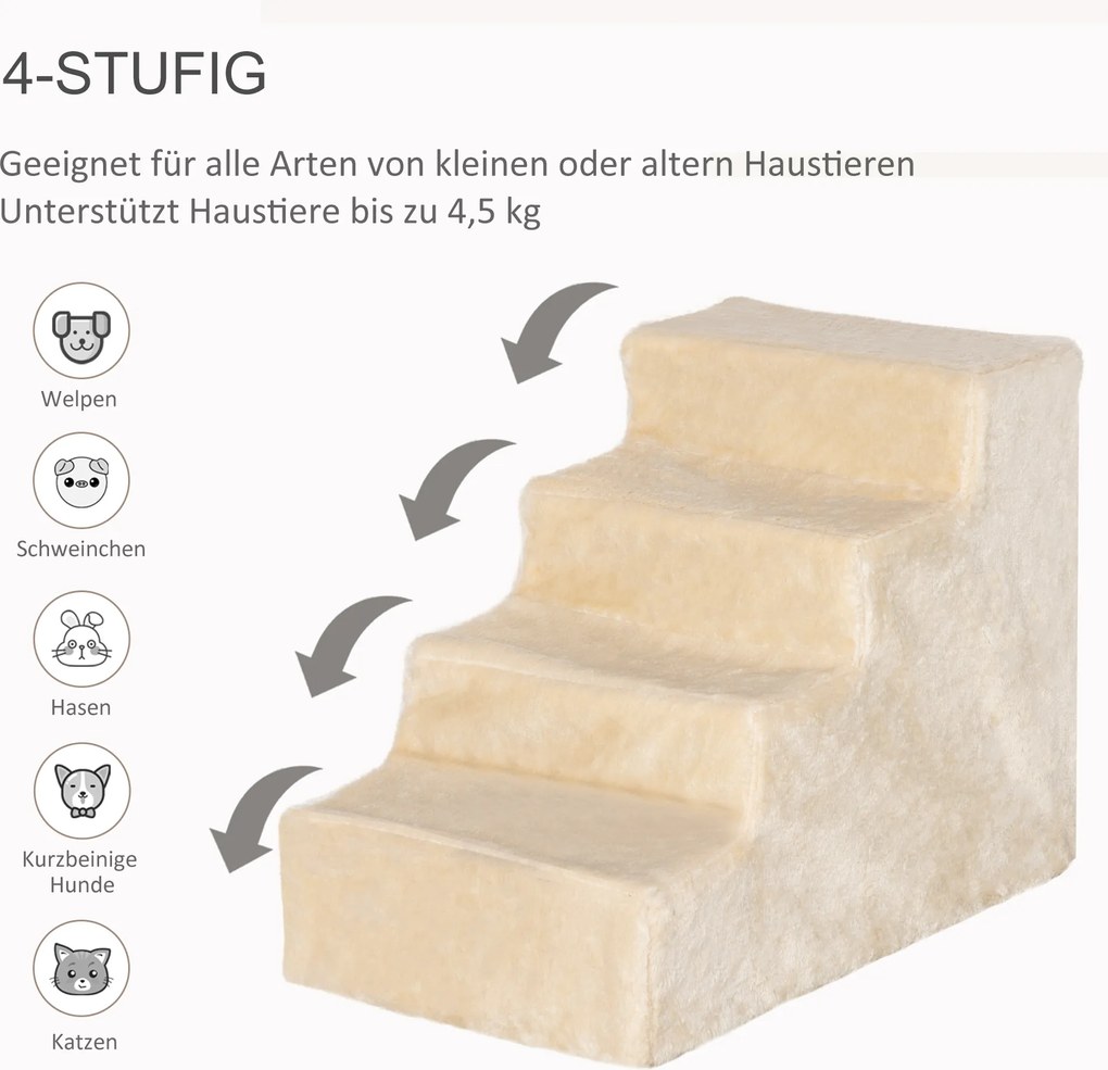 PawHut Schodki dla zwierząt 4-stopniowe z pluszową pokrywą, schodki dla psa/kota, płyta wiórowa, beżowe, 60x35x44cm | Aosom PL