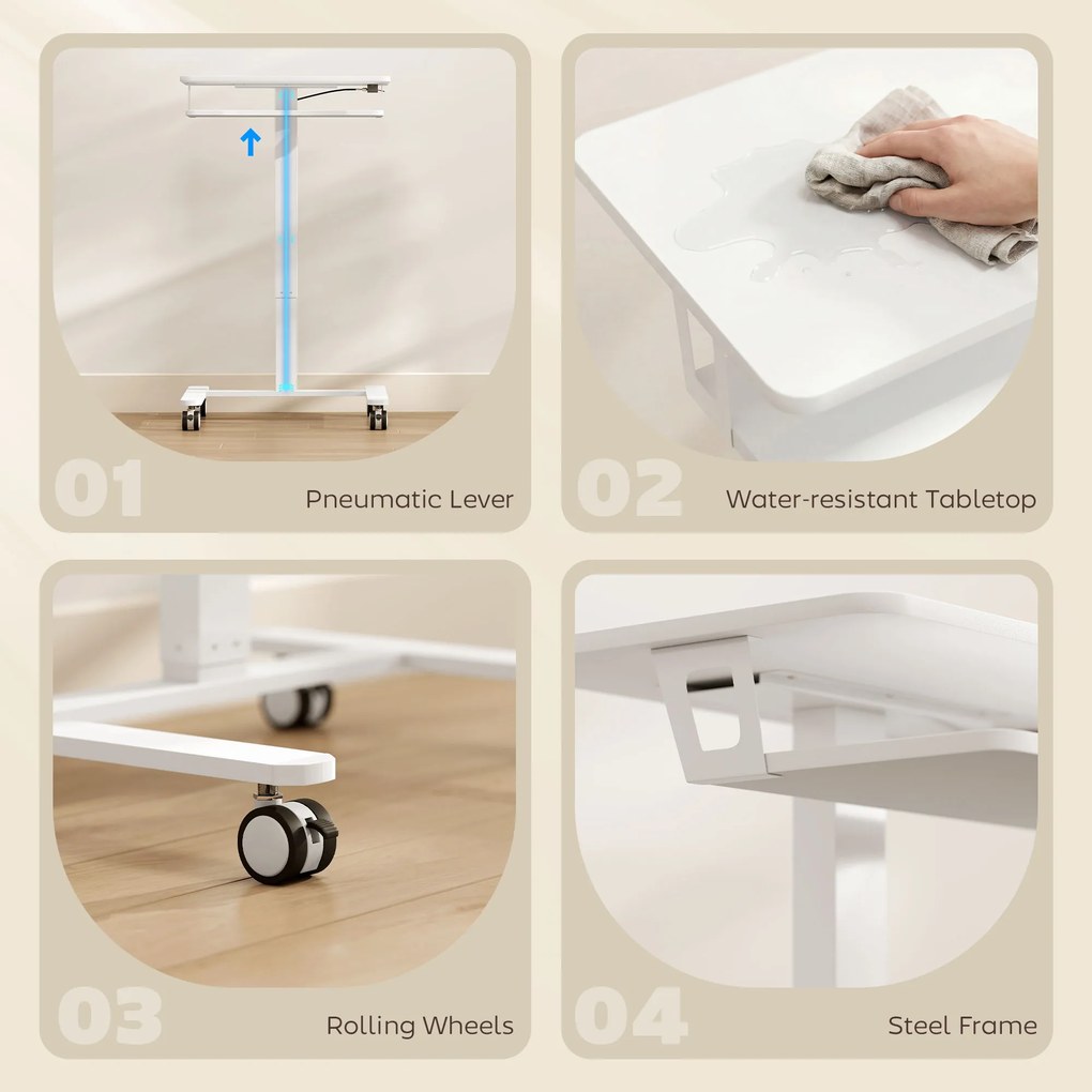 HOMCOM Stojące Biurko Regulowane, Mobilne Biurko Sit-Stand z Półką na Klawiaturę, Kółkami i Stalową Ramą, Biały | Aosom PL