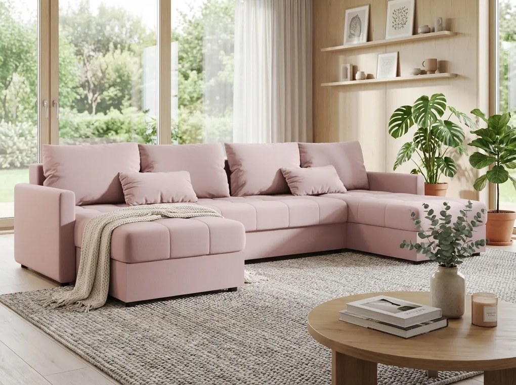PROMOCJA Rozkładana kanapa w kształcie U VENORIA 285x146 cm, pudrowy róż + 2 poduszki GRATIS II. jakość