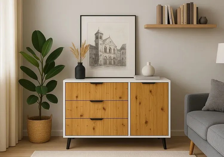 Komoda duża z 3 szufladami i szafką kaszmir + dąb artisan A1-L26