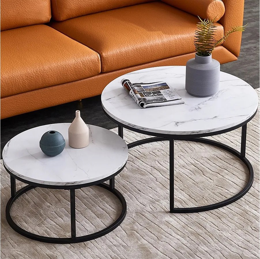 Zestaw 2 składanych stolików kawowych z połyskującym marmurem, w kolorze czarnym i białym