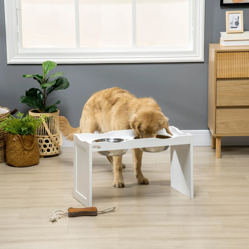 PawHut Stacja Karmienia, Podstawa na Miseczki, 2 Miseczki po 2 litry, Stal Nierdzewna, dla dużych psów, biały, 63 x 30 x 38 cm