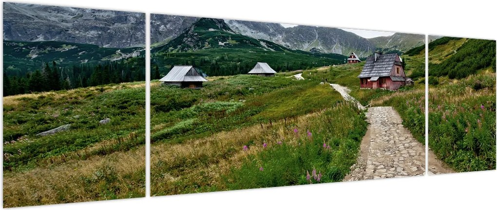 Obraz - Krajobraz górski z domami (170x50 cm)