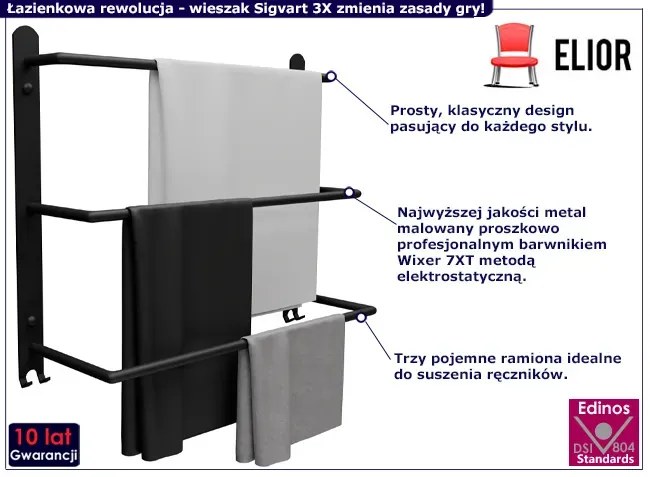 Czarny potrójny wieszak ścienny na ręczniki R5-K25