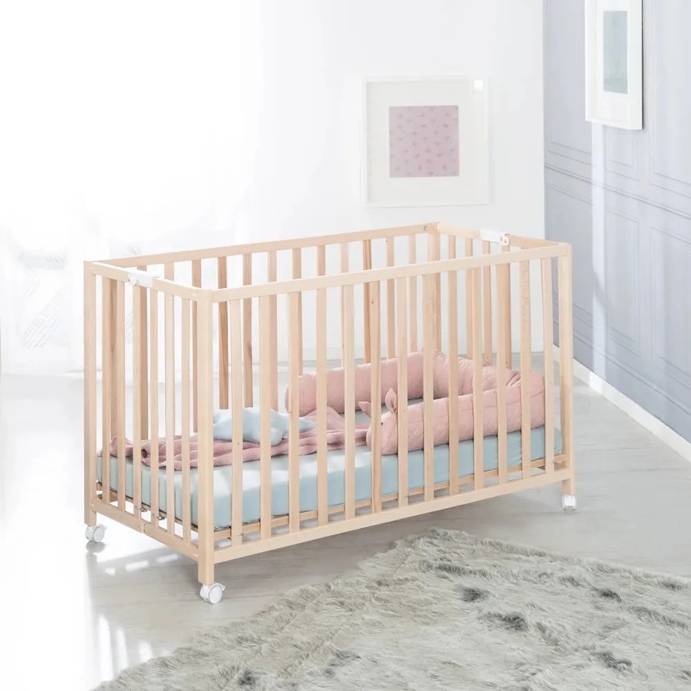 Naturalne łóżeczko na kółkach 60x120 cm Fold up – Roba