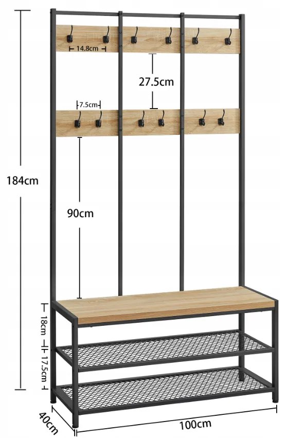 Metalowa ścianka przedpokojowa STAGE 184 cm, czarna/dąb sonoma