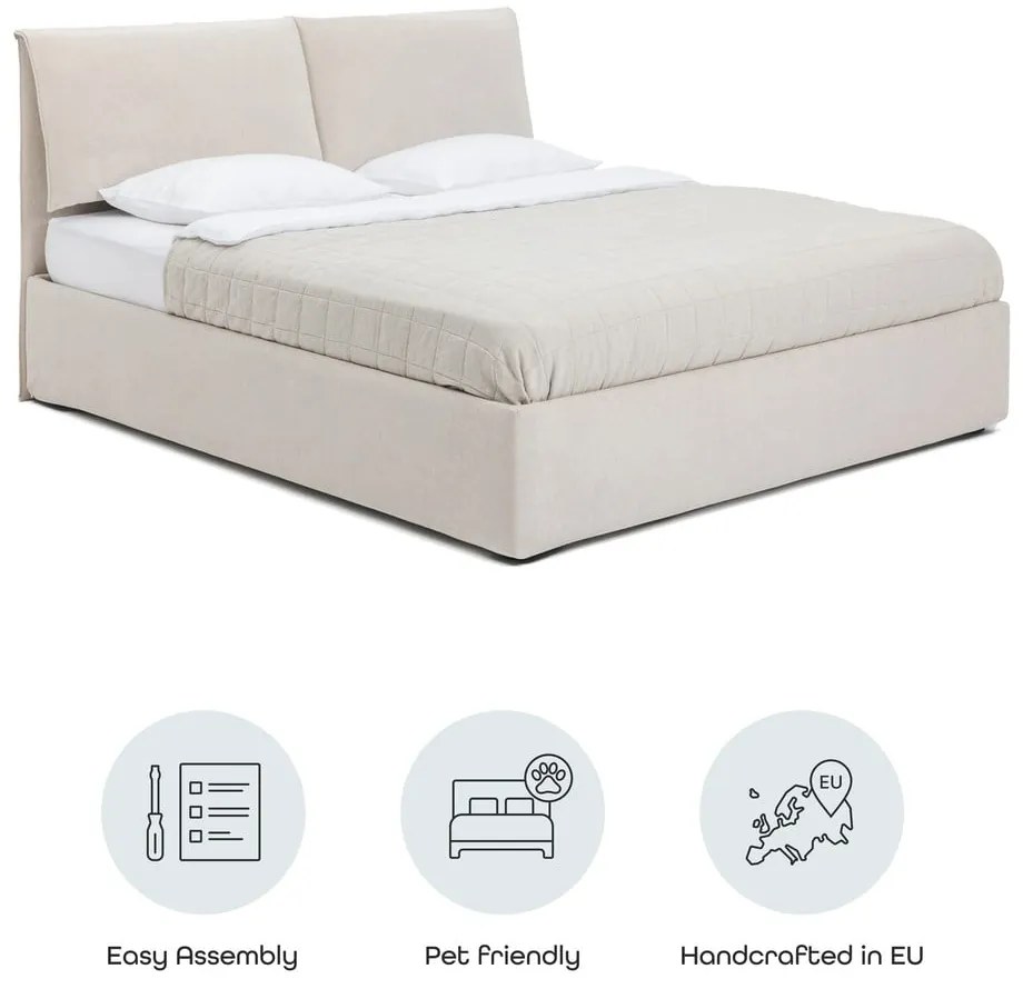 Beżowe tapicerowane łóżko dwuosobowe ze schowkiem i stelażem 160x200 cm Thessa Pillow – Bonami Selection
