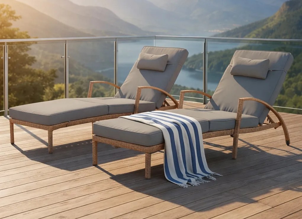 Zestaw 2 leżaków ogrodowych technorattan Ravello, naturalny, poduszki szare