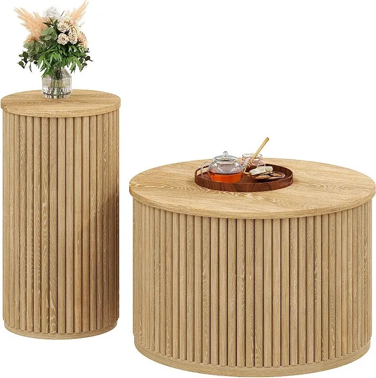 Podwójny okrągły stół - z blatami z naturalnego drewna - Stolik kawowy - MDF - naturalny