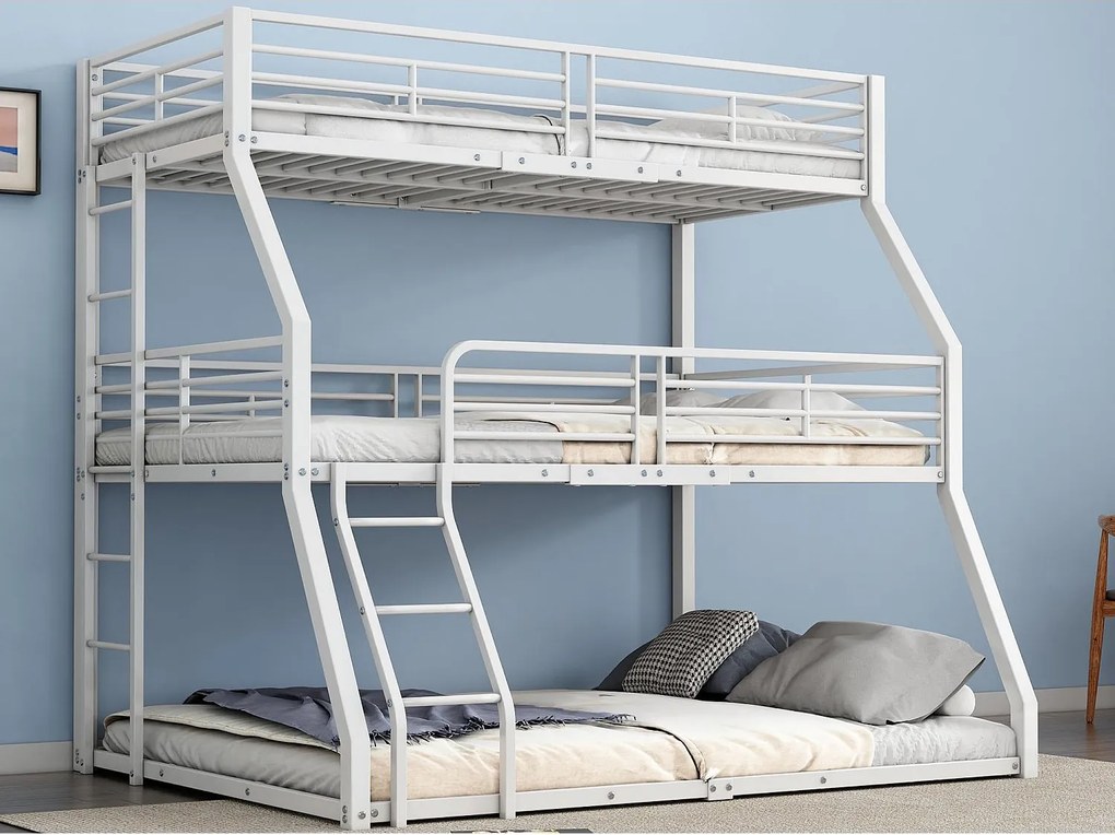 Łóżko piętrowe potrójne - 2x90x200cm i 140x200cm - rama z żelaza - Białe